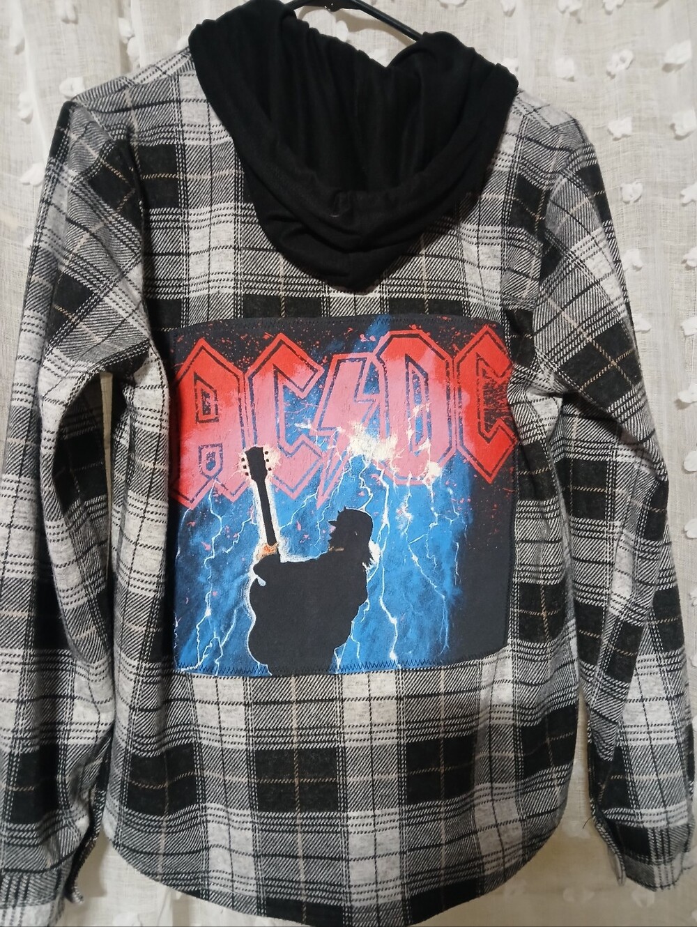 UPCYCLED AC/DC VINTAGE GRAPHIC ON A HOODED FLANNEL SZ M PUNKPOSHX ORIGINAL
